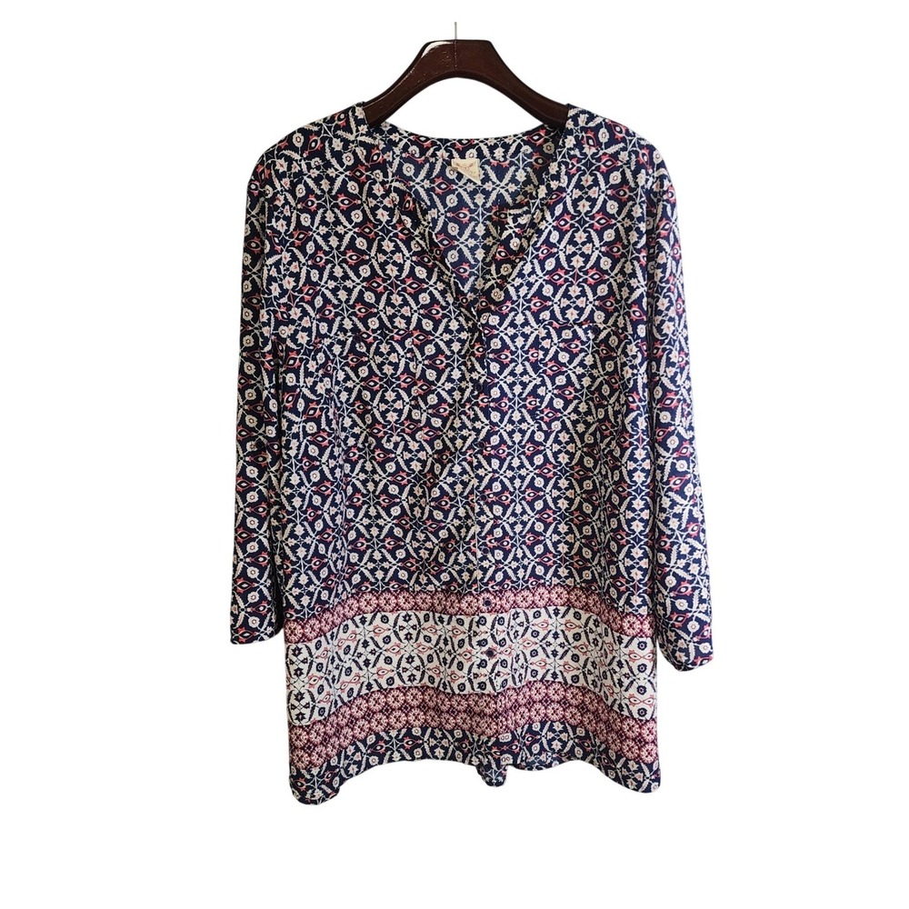 Faded Glory Women 3X Blue Pink Medallion Print Button Front 3/4 Sleeve Tunic Top